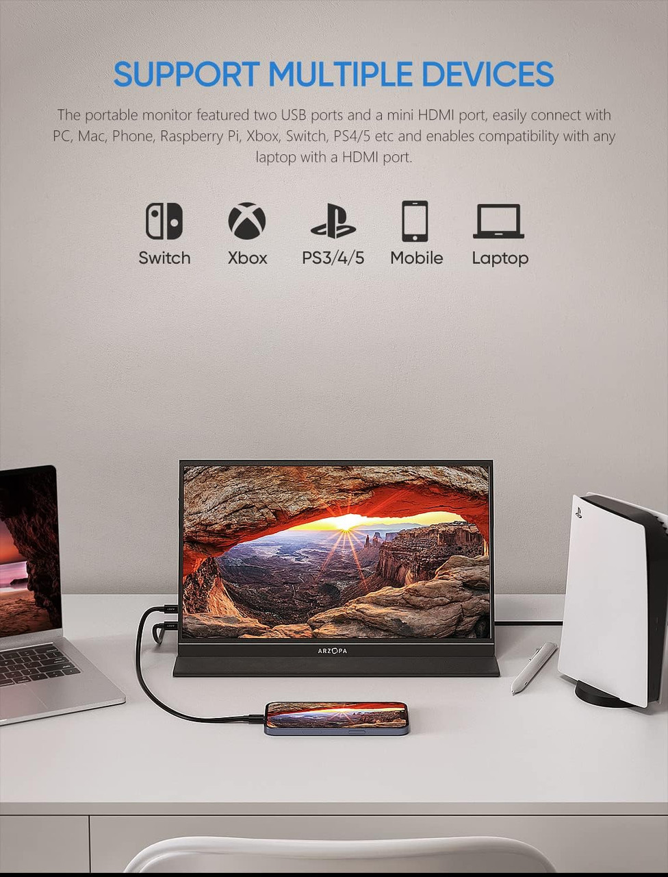 Arzopa Z3FC portable monitor supports multiple devices including gaming consoles, laptops, and mobile phones through USB and mini HDMI ports