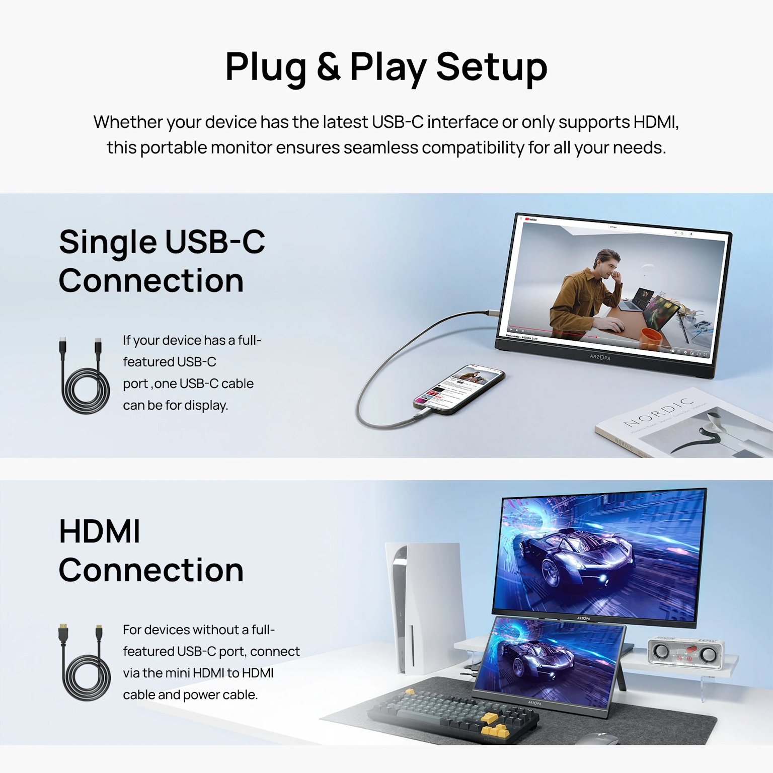 The Arzopa Z3FC portable monitor supports plug and play setup through single USB-C or HDMI connection options for seamless device compatibility
