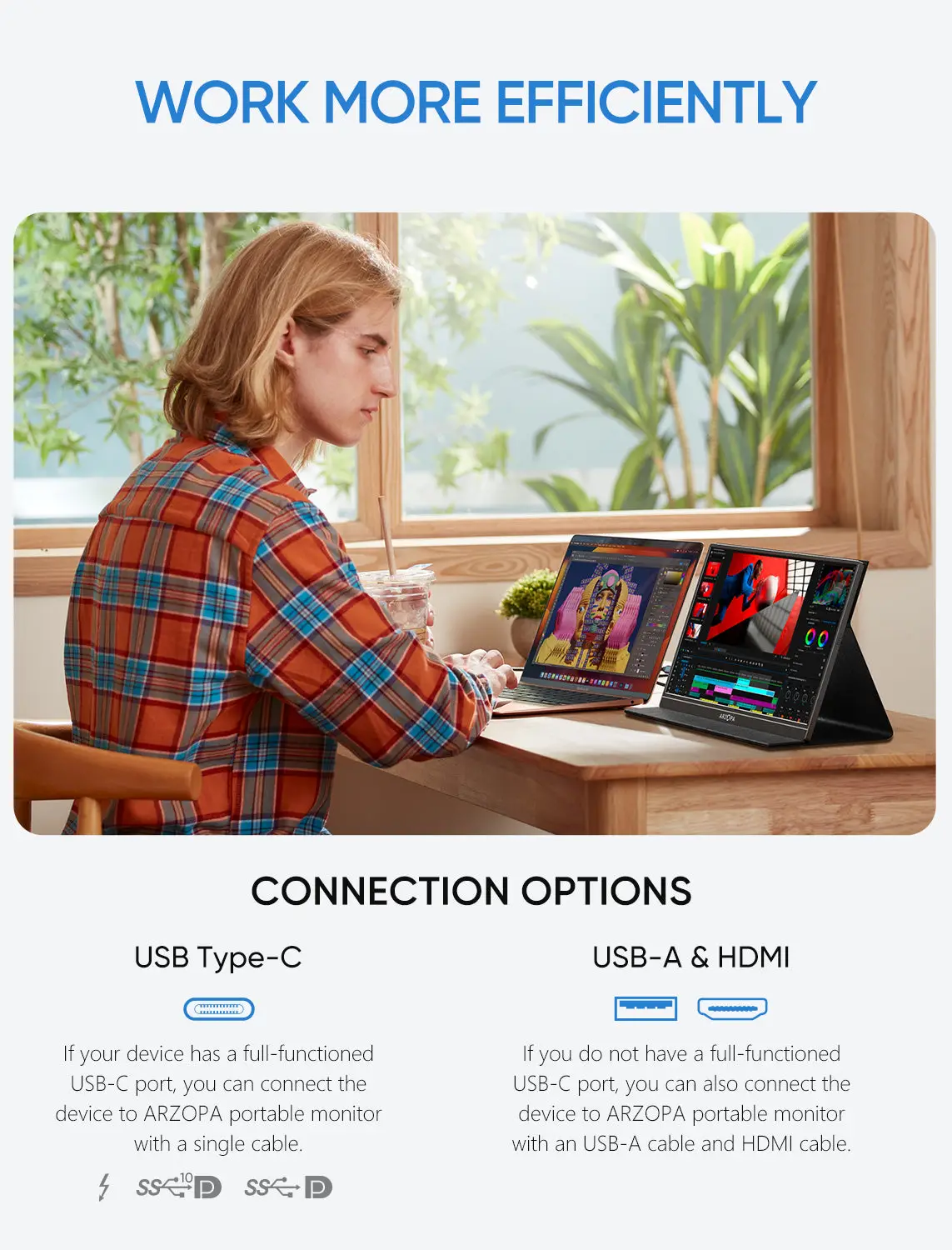 Arzopa portable monitor connection options for USB Type-C or USB-A and HDMI ports to enhance productivity